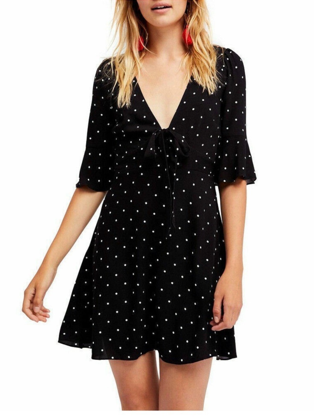 Free People All Yours Polka Dot Mini Tie Front Dress XS Boho Coquette Fairycore